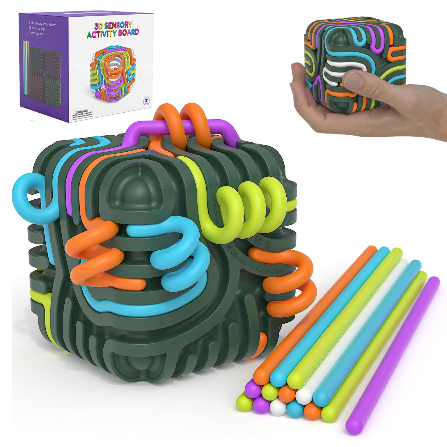 Photo 1 of Sensory Fidget Toys for Kids Adults, Silicone Sensory Activity Cube Board with 15 Colorful Strings, Toys for Autism ADHD Calming Focus Stress Relief, Travel-Friendly Toys with Portable Storage Bag