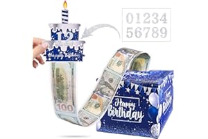 TOYEISHI Birthday Money Pull Box for Cash Gift with DIY Self-Adhesive Stickers for Any Age, Happy Birthday Money Box for Cash Gift Pull Out Cake Card and 100Pcs Bags, Birthday Party Decor Ideas-Blue
