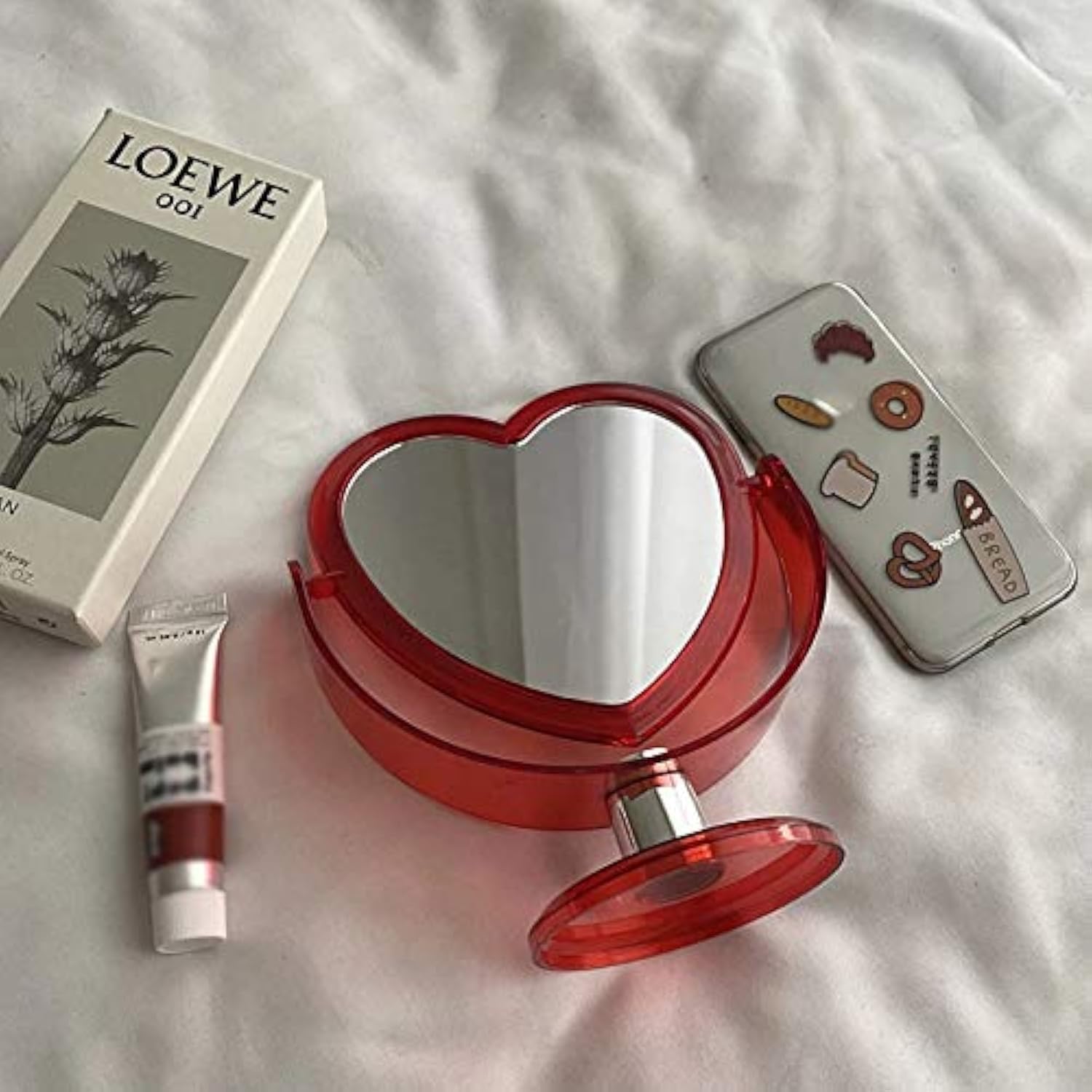 Photo 1 of 1Pc Acrylic Double Side Makeup Mirror Cute Heart Shaped Cosmetic Mirror, Transparent Base Home Bedroom Desktop Make Up Mirror (Red)