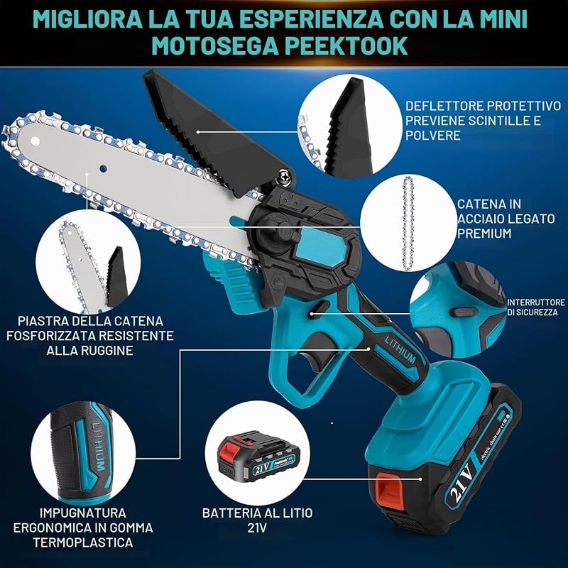 Mini Motosega a Batteria per Potatura, 1000W Motore Brushless, 6 Pollici Motosega Elettrica con 2*2000mAh Batterie di grande capacità, 2 Catene e Blocco di sicurezza per il Taglio Del Legno e Giardini
