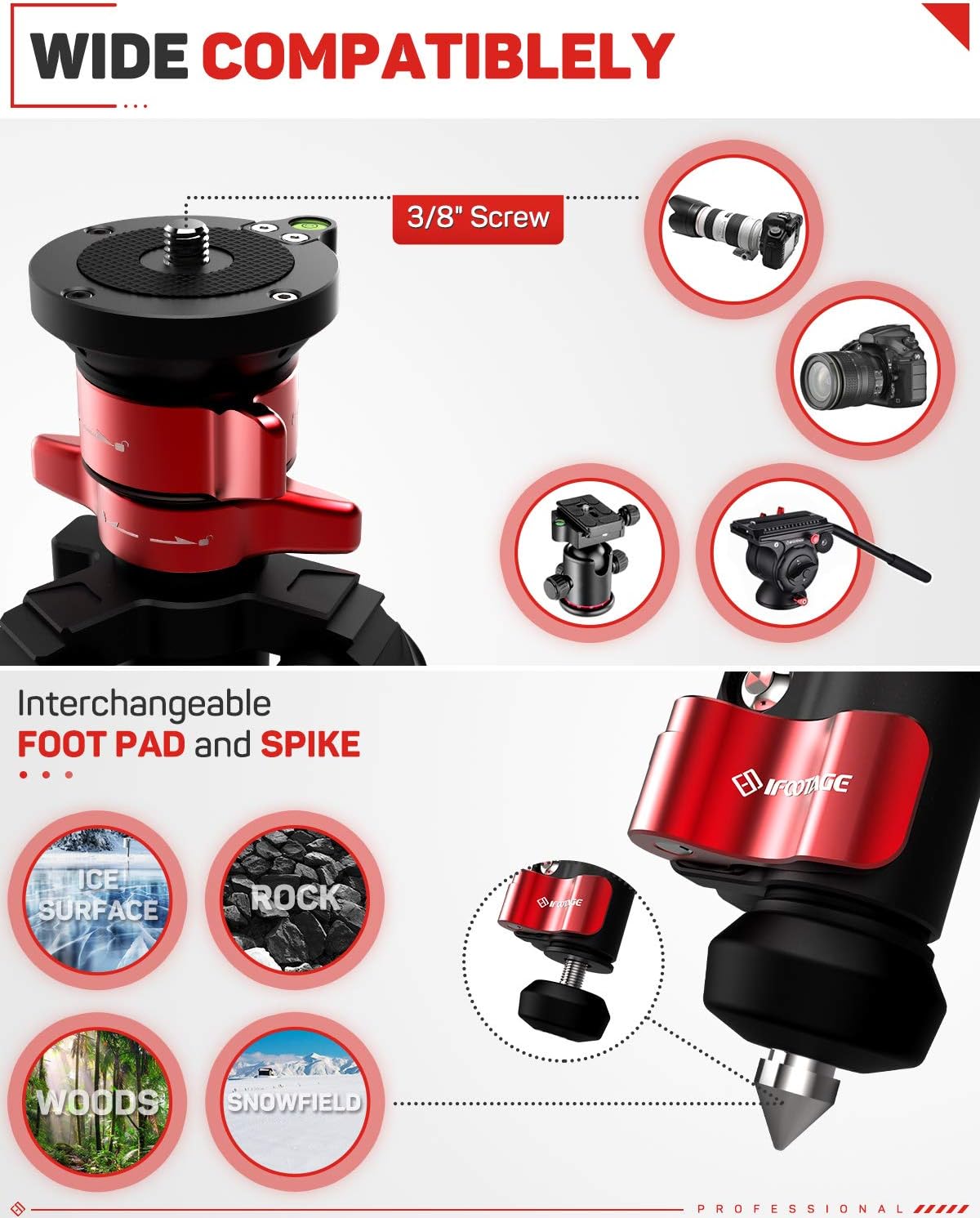 IFOOTAGE 65" Carbon Fiber Video Tripod, Professional Camera Tripods 3 Sections with Centre Pole, Max Load 17.6 lbs, Compatible with Canon, Nikon, Sony DSLR Camcorder Video Photography : Camera & Photo