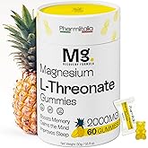 Magnesium L-Threonate Gummies for Adults & Kids 2000mg – Brain Supplements for Memory and Focus - Calm Magnesium Gummies for Improved Sleep and Healthy Mind - 60 Count (Pack of 1)