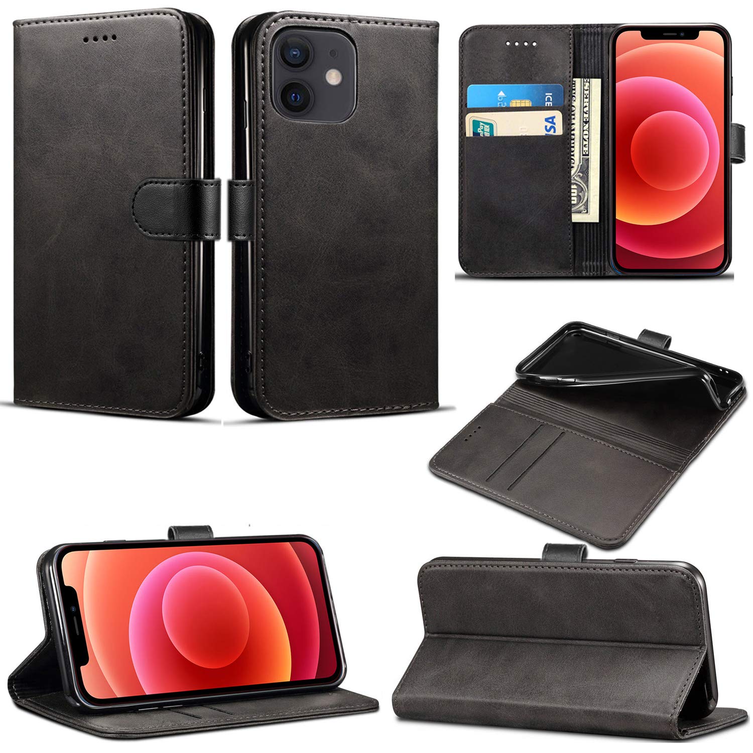 Mobile Stuff Case Compatible With iPhone 12/12 Pro - [6.1 Inch] 2020 Leather Wallet Book Flip Folio Stand View Case for iPhone 12 (6.1") 5G 2020 (Black Book)