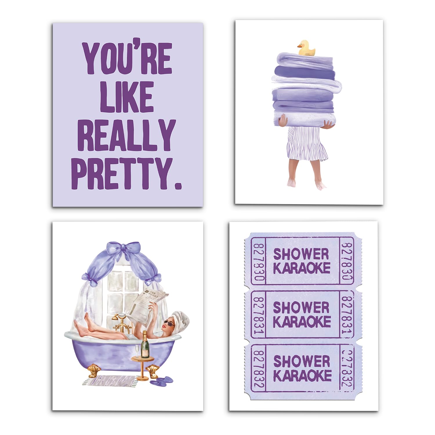 Photo 1 of VIIJJUE Purple Bathroom Wall Decor, Purple Retro Shower Karaoke Girly Wall Art Prints Set of 4, Preppy Girly Posters Wall Art Decor for Girls Bathroom Washroom Restroom, 8x10 Inches Unframed