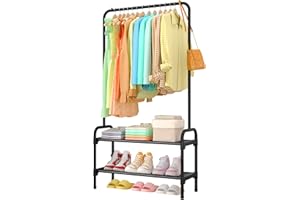 Sakugi Clothing Rack with Shoe Storage, Large Capacity Clothes Rack with 2-Tier Shoe Organizer for Bedroom, Entrance, Laundry
