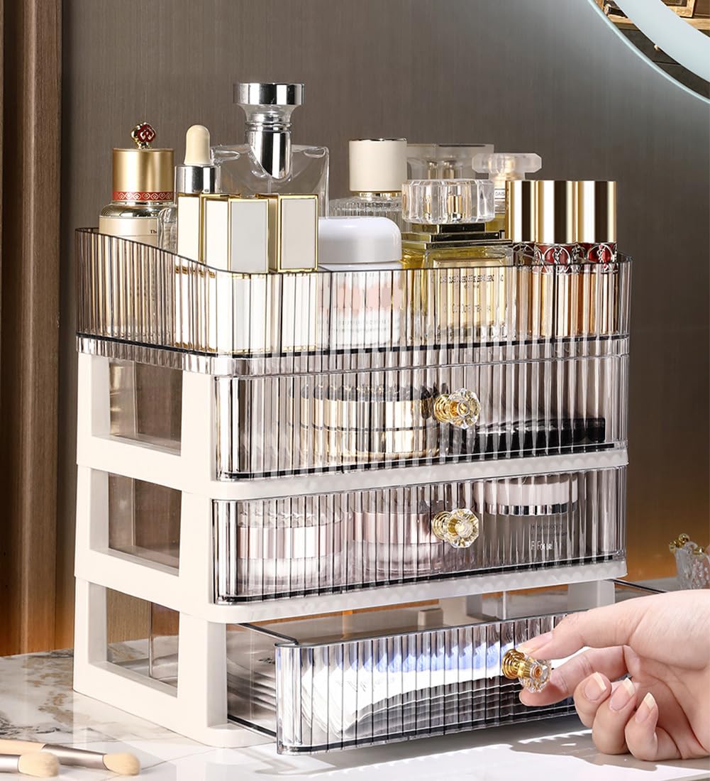 MIUOPUR Makeup Organizer with 3 Large Drawers, Countertop Organizer for Cosmetics, Ideal for Bathroom and Bedroom Vanity Countertops, Desk Storage Holder for Lipstick, Brushes and Nail Polish