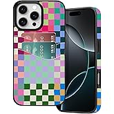 BayPastel X for iPhone 16 Pro Max Wallet Case with Card Holder Slot Slim Cute Design Soft Leather Protective Phone Case with 2 Credit Card Pockets Cover Women Men,Colorful Checkerboard