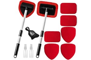 Qydipclin 11pcs Windshield Cleaner Tool, Car Window Cleaning Wash Kit with 6 Reusable Microfiber Pads 2 Spray Bottles and Extendable Handles Auto Glass Wiper Kit, Red