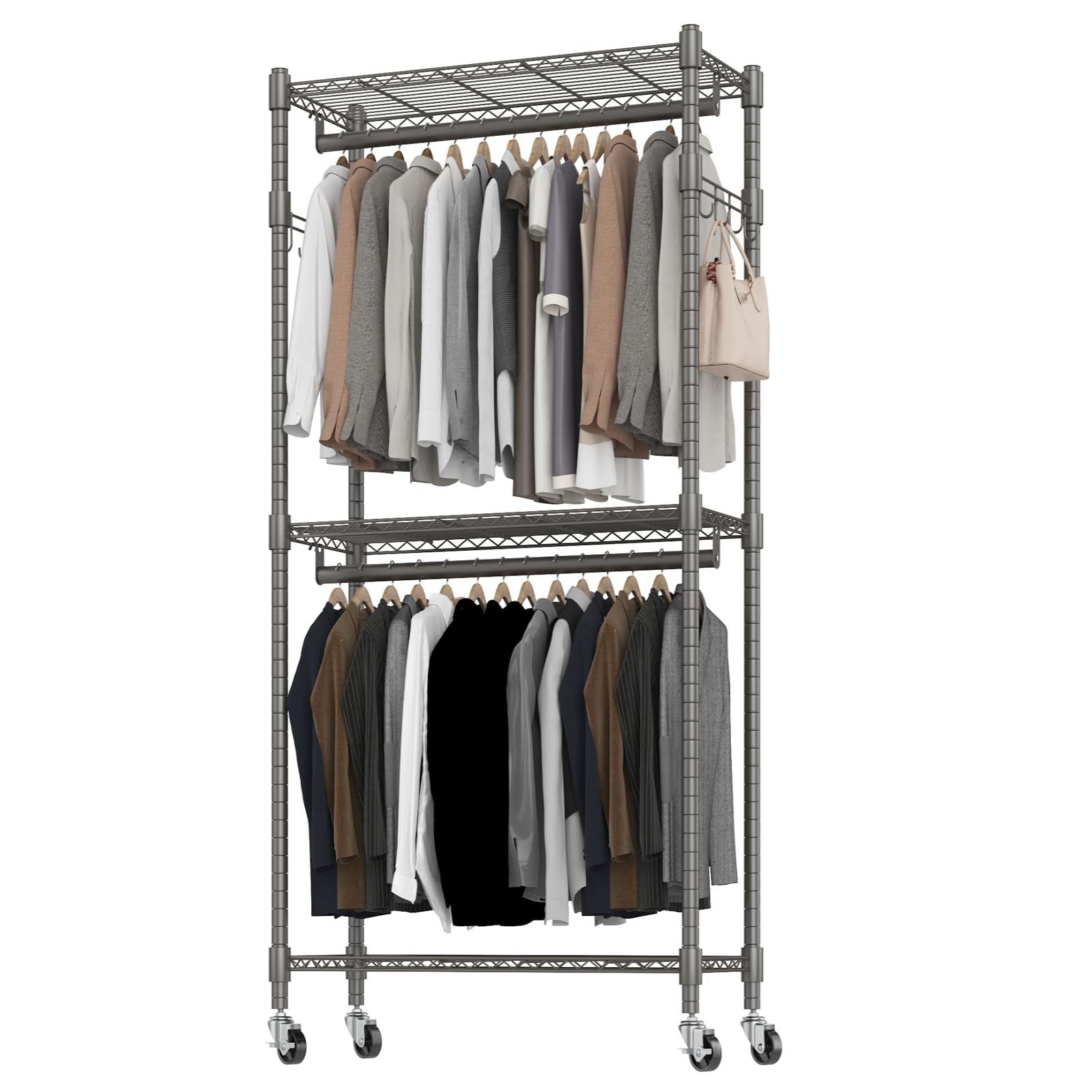 Photo 1 of BATHWA Clothes Rack Rolling Narrow 2 tier Garment Rack for Hanging Clothes? Space Saving Portable Clothing Rack with Wheels and Double Rods 8 Hangers, Adjustable, Gray