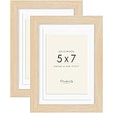 Decobility 5x7 Wood Picture Frame Set of 2 with Tempered Glass–Fits 5x7 Photos Without Mat or 3.5x5/4x6 with Mat–Wall & Tabletop Photo Display Frame,Natural wood grain