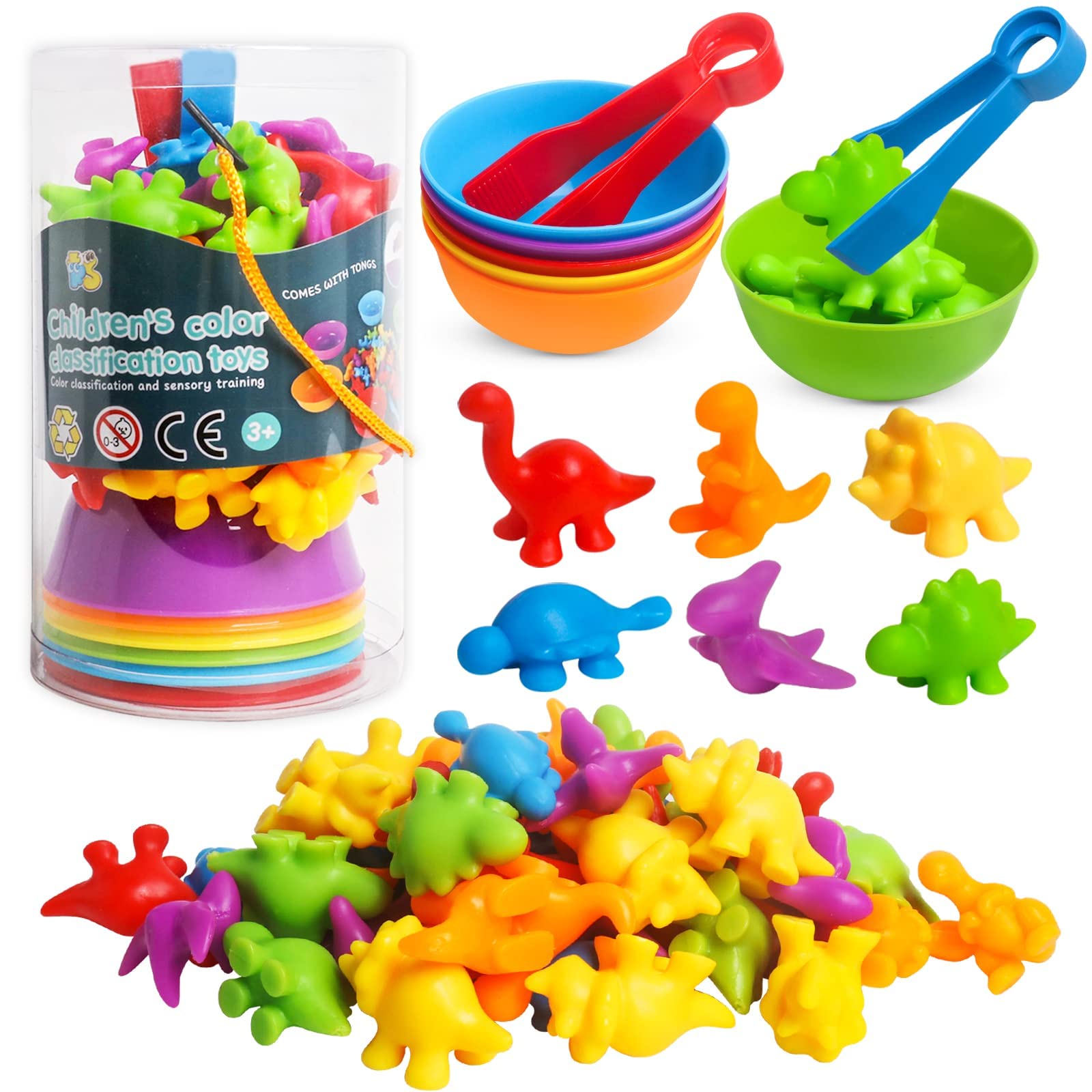 Simfunso Toys for 3 Year Old, Counting Dinosaurs Set, Color Sorting Dinosaurs for Toddlers, Dinosaurs Toys for Kids 3-5, Montessori Preschool Learning Sets, for 3 4 5 Year Old