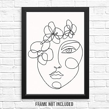 Modern Abstract Black White Wall Decor Art Print Poster Woman S Face Portrait With Flowers Unframed Minimalist One Line Artwork For Living Room