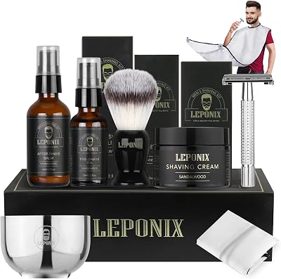 LEPONIX Shaving Kit for Men, Sandalwood Cream, Brush & Aftershave Set