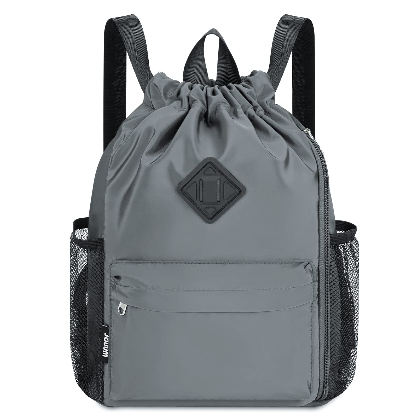 WANDF Drawstring Backpack Sports Gym Bag with Shoes Compartment, Water-Resistant String Backpack Cinch for Women Men(Grey,Medium)