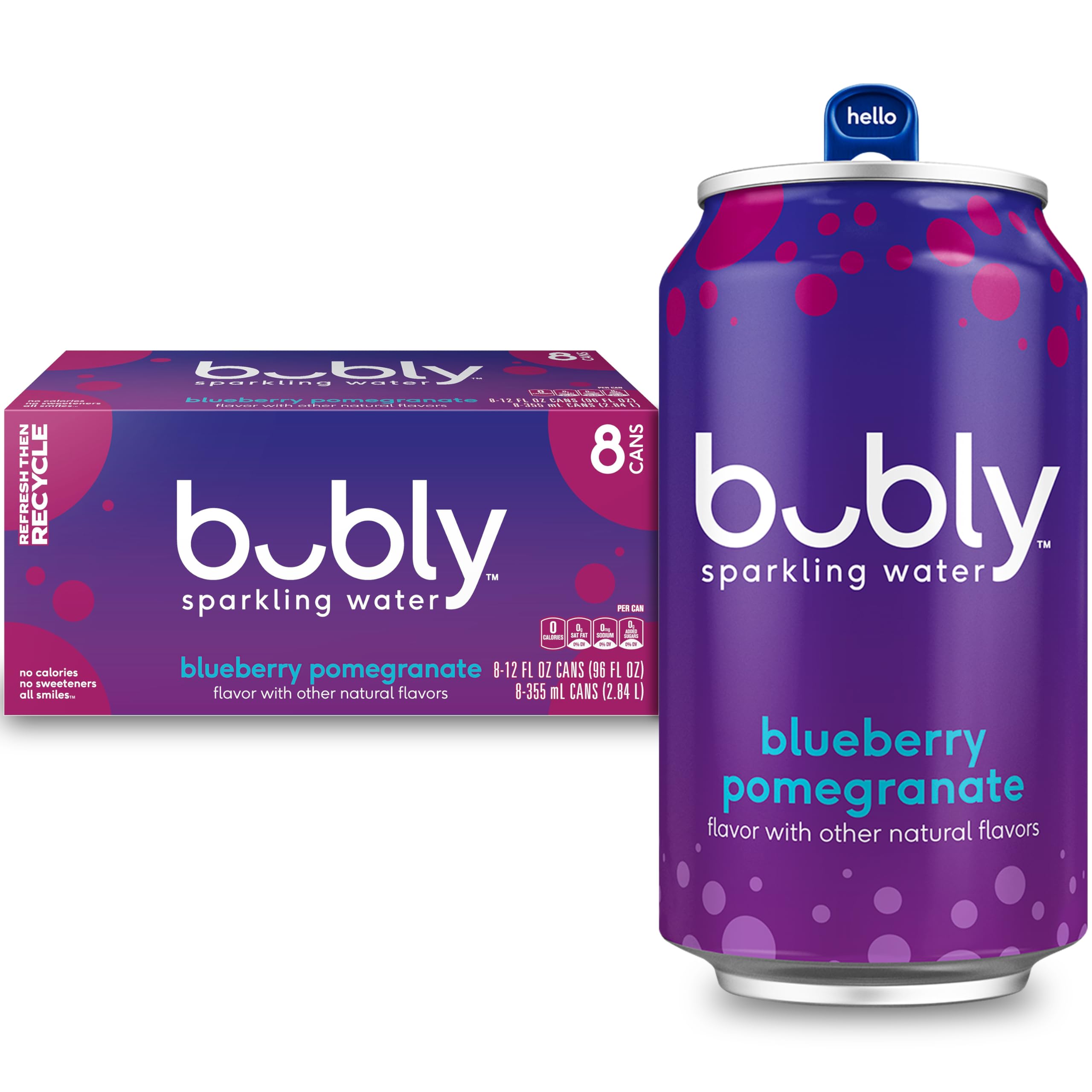 Photo 1 of **BB MARCH 23.2026***bubly Sparkling Water, Blueberry Pomegranate, Zero Sugar & Zero Calories, Seltzer Water, 12 Fl Oz Cans (Pack of 8)