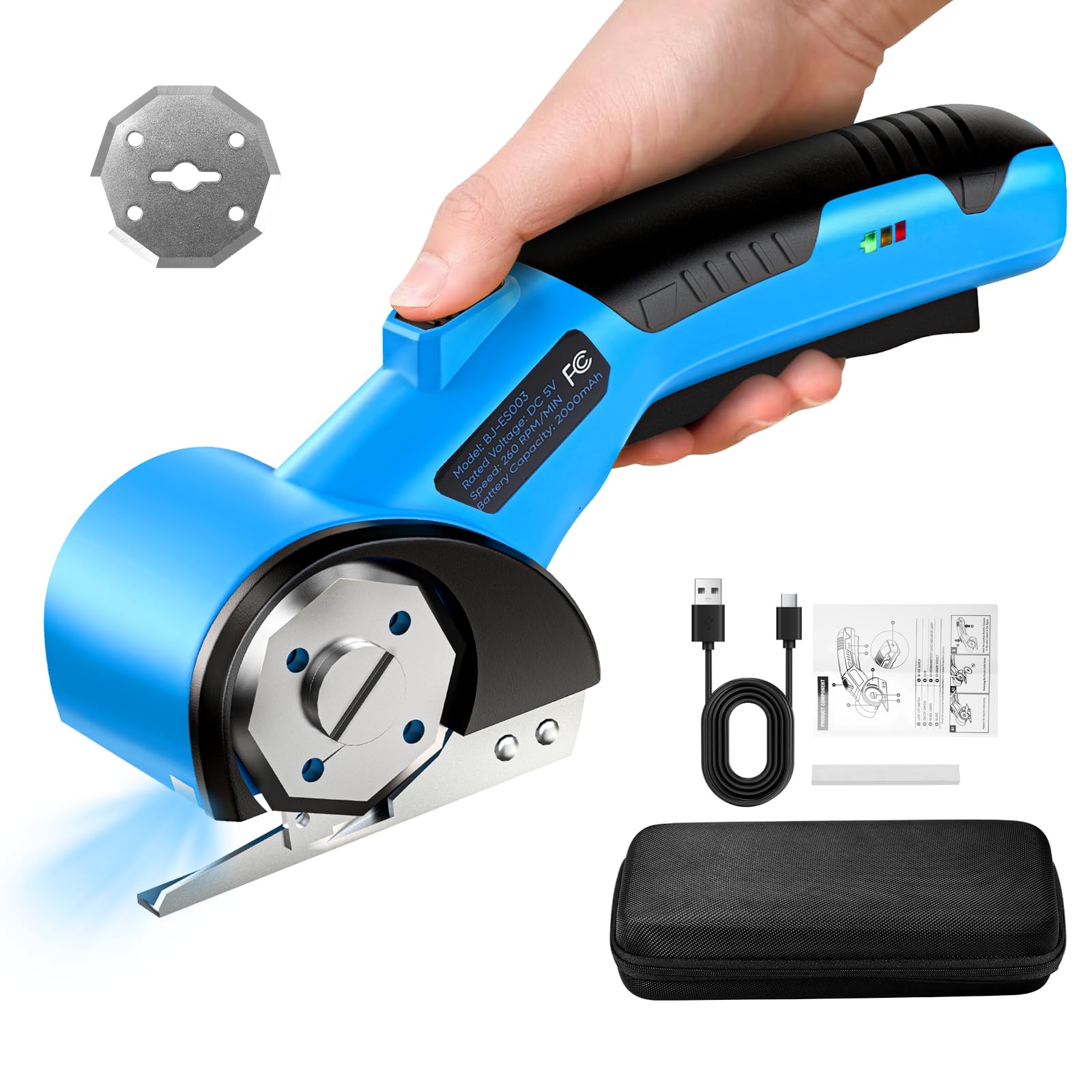 Photo 1 of Cordless Electric Scissors, 5V Rechargeable Cardboard Box Cutter Heavy Duty Rotary Tool with Safety Lock & LED Light for Cardboard, Fabric, Box (Blue)