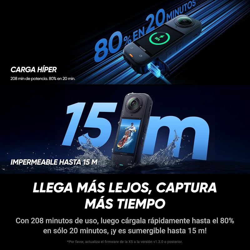 X5 - Câmara impermeável 8K 360°, líder com pouca luz, efeito de pau de selfie invisível, objetiva rígida e substituível, bateria de 3 horas, resistente ao vento incorporada, estabilização, com chip triplo de IA