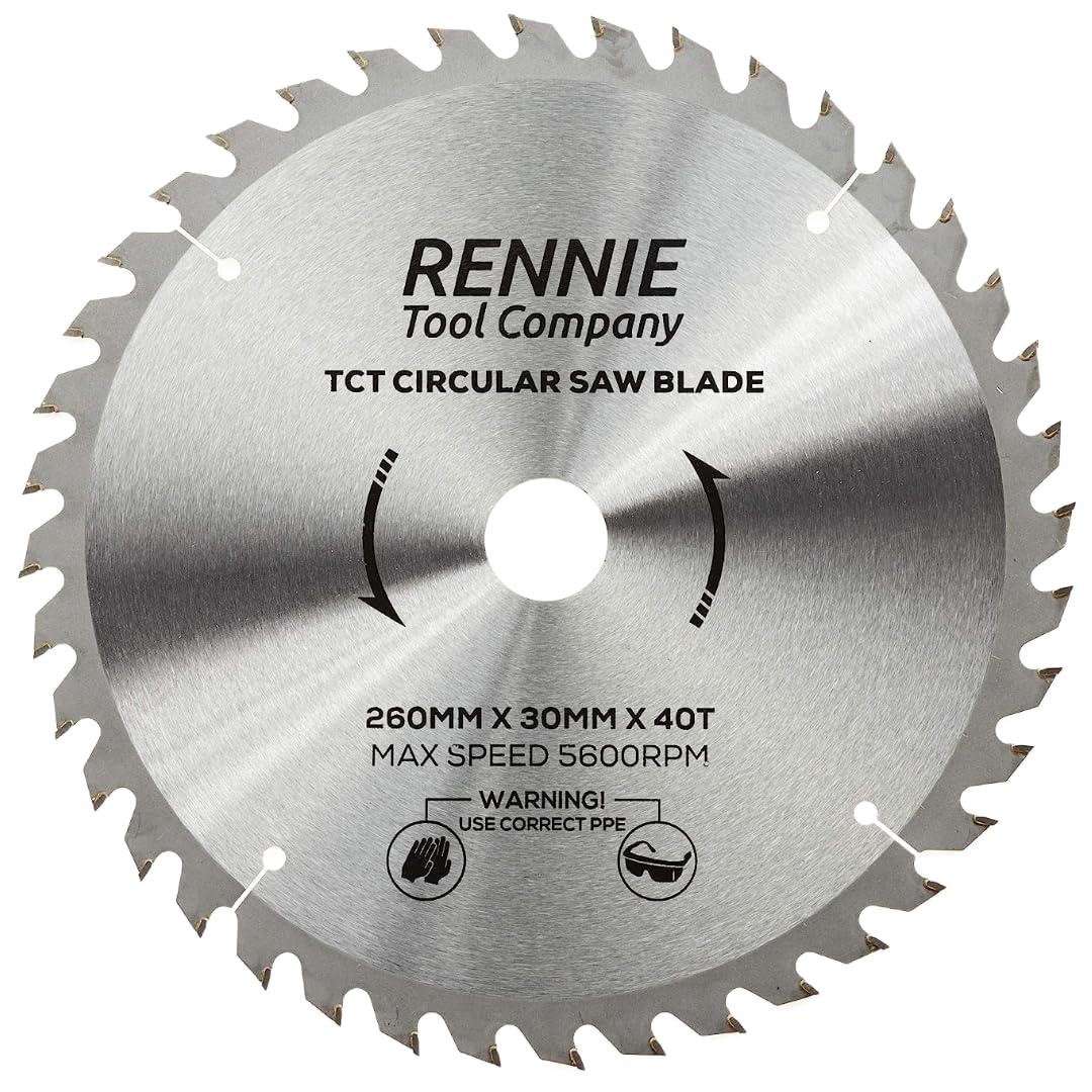 Rennie Tools - 260mm x 30mm x 40T TCT Circular Wood Saw Blade Includes 25mm 20mm & 16mm Bore Reduction Rings. Compatible with Festool Bosch Makita Dewalt Circular Saw Etc.