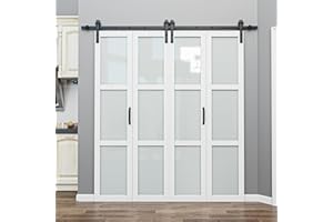 ARK DESIGN 64" x 84" Frosted Glass Bifold Sliding Barn Door with Hardware Kit Included, Pre-Assembled Solid Core Panel Bi-fold Barn Door for Pantry, Closet, Primed White Finish with Water Resistance, Paintable