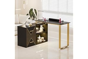 Belandi Manicure Table with 16 Colors LED Lights, L-Shaped Nail Table Station, Beauty Salon Nail Supplies Decor w/2 Drawers, 2 Shelves, Wrist Rest, Metal Handles for Nail Tech(Black)