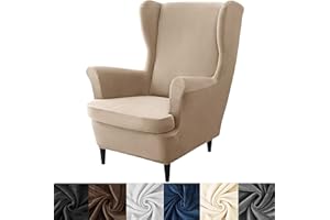 HFCNMY Wingback Chair Covers, 2 Piece Stretch Velvet Wingback Chair Slipcover-Thick Wing Back Chair Covers with Arms-Wing Chair Slipcover-Wing Back Chair Slipcovers with Elastic Bottom Khaki