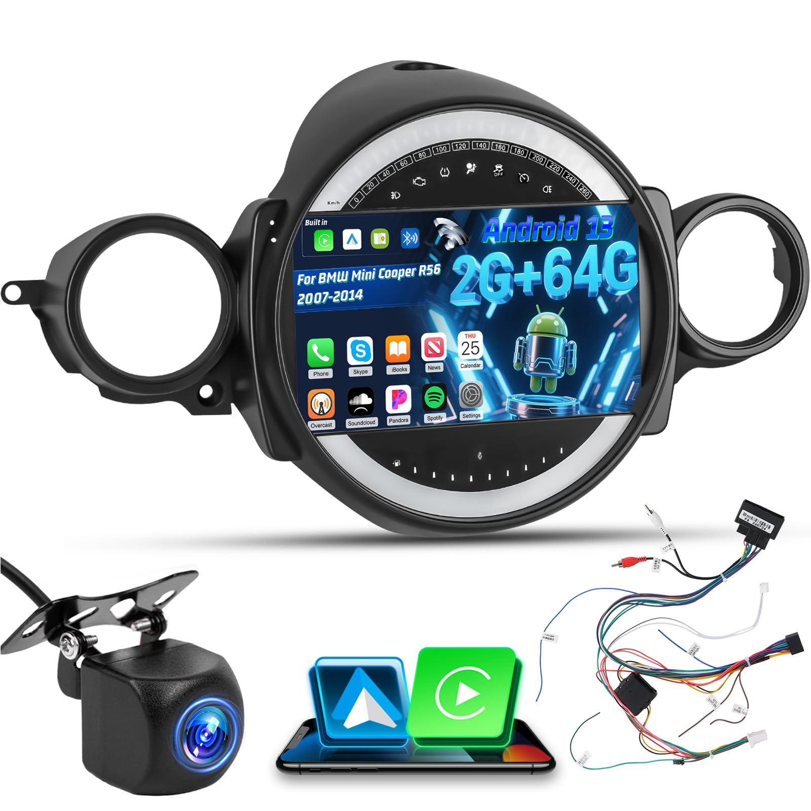 Photo 1 of Upgrade 2G+64G Car Stereo for BMW Mini Cooper Hatchback R56 2007-2014 with Wireless Carplay/Android Auto - 9 Inch Android Touchscreen Radio with WiFi, GPS, EQ, SWC + AHD Rear View Camera