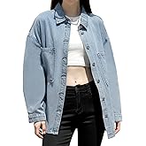 ACTIFORTERRAS Womens Oversized Denim Shirt Dark Blue Button Down Jean Shacket with Pockets Casual Top
