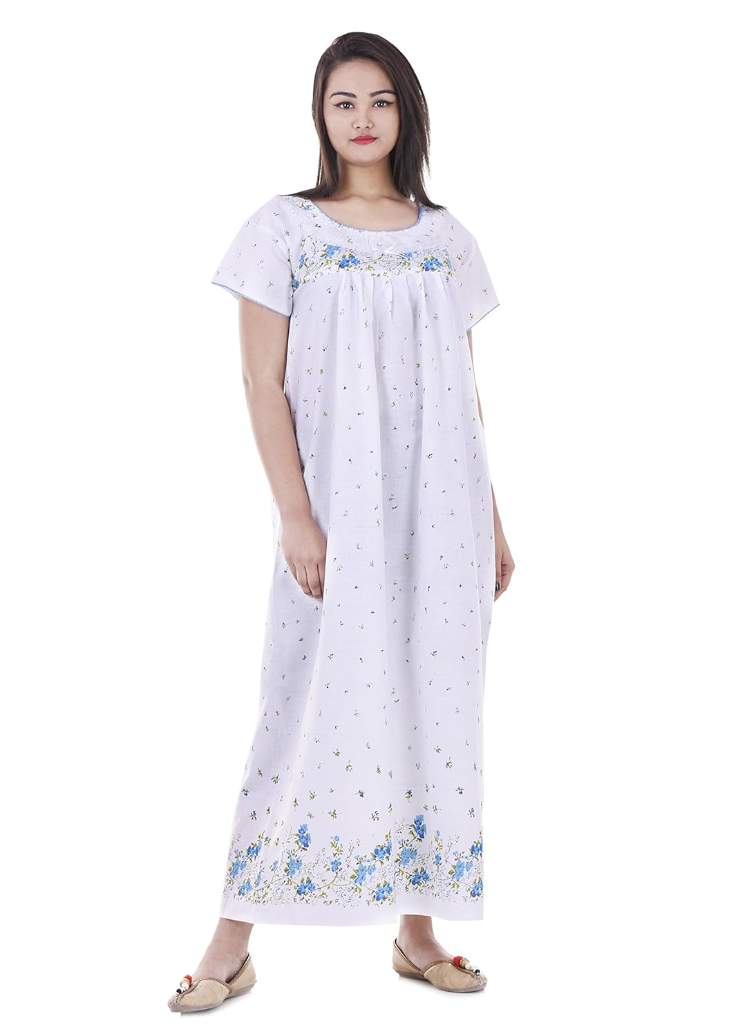 indian handicraft women's cotton nighty (gwn-23, white, free size)