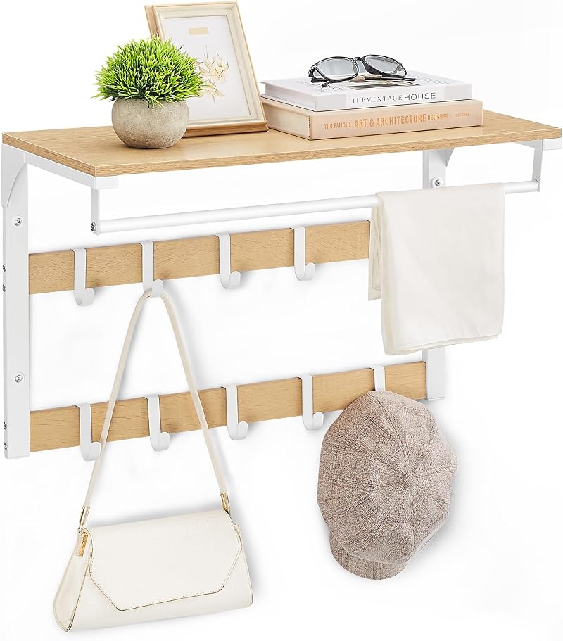 VASAGLE Wall-Mounted Coat Rack with Shelf and 10 Removable Hooks