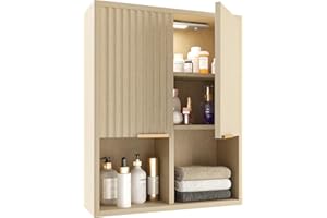 HAIOOU Fluted Bathroom Wall Cabinet with Motion Sensor Light, Curved Profile Wooden Medicine Cabinet Wall Mounted Cupboard, Wave Like Over Toilet Storage Cabinet with Buffering Hinges - Natural