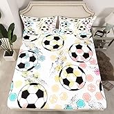 Kids Football Bedding Set Sports Theme Fitted Sheet for Child Boys Girls Soccer Ball Pattern Bed Sheet Set Breathable Colorful Grunge Style Bed Cover Room Decor Full Size