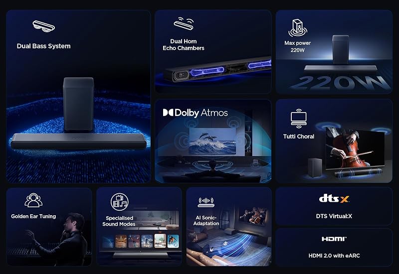 TCL 2.1 Canal Dolby Atmos Sound Bar S55HE, 220 W de potência máxima com sistema de graves duplos, compatível com DTS Virtual X, HDMI eARC e Bluetooth 5.3, barra de som com subwoofer sem fios