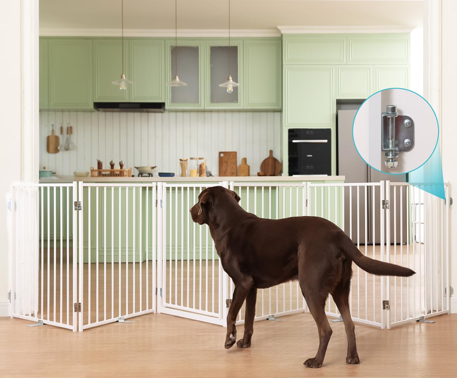 Photo 1 of No Pawblems Free Standing Dog Gate with Door, 30'' Tall Foldable Dog Fence for Indoor & Outdoor, Up to 156 Inch Extra Wide Puppy Gate for Stairs, Hallways, Doorways, Deck, Yard (White, 6 Panels)