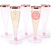 Prestee Set of 24 Plastic Champagne Flutes Disposable - Silver Glitter Pink Champagne Glasses with Rose Gold Rim, Elegant Toasting Cups for Weddings, Cocktail Parties, New Year's Celebrations