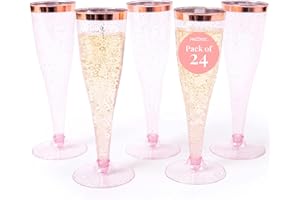 Prestee Set of 24 Plastic Champagne Flutes Disposable - Silver Glitter Pink Champagne Glasses with Rose Gold Rim, Elegant Toa