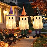 Halloween Hanging Ghost Lights, 3 Pack Lighted Witch Ghosts with Timer | 46" Lighted Ghosts with Legs, Battery Operated with Timer, Cute Spooky Halloween Decor for Front Porch, Yard, Tree &amp; Party
