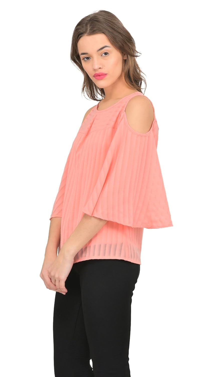 marie claire women peach-coloured georgette self-striped cold shoulder top (mc10270b)