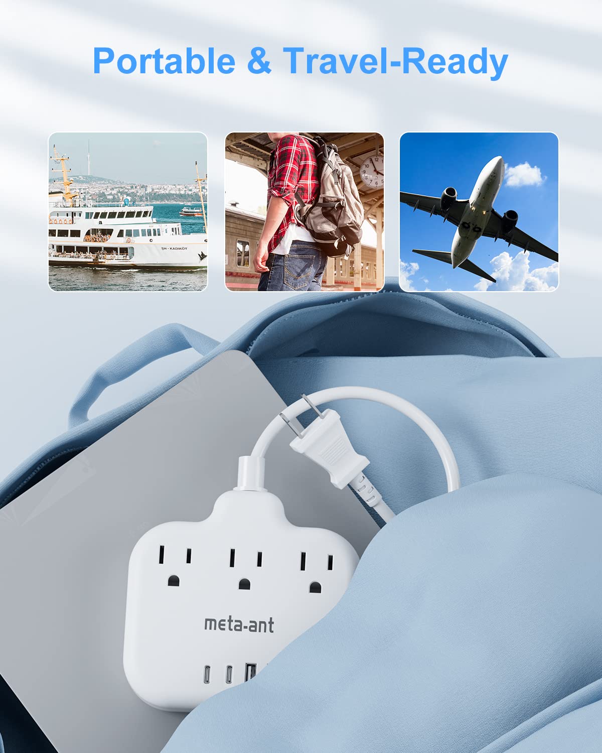 US to Japan Adapter, meta-ant 2 Prong to 3 Prong Outlet Adapter with 3 Outlets & 4 USB(2 USB-C), 5FT Extension Cord, 180 Rotating Flat Plug 1875W, Type A Plug Adapter for USA to Japanese China Canada