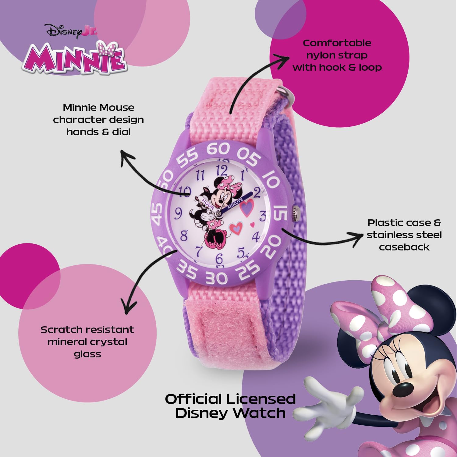 Disney Minnie Mouse Watch for Girls – Cute Minnie Mouse Watch for Toddlers & Girls – Gift Young Fans – Watches Kids 3-5 with Purple Bezel & Reversible Nylon Strap
