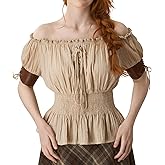 YESSA Women Renaissance Shirt,Victorian Off Shoulder Peasant Blouse,Pirate Short Sleeve Smocked Tops,Ren Faire Costumes