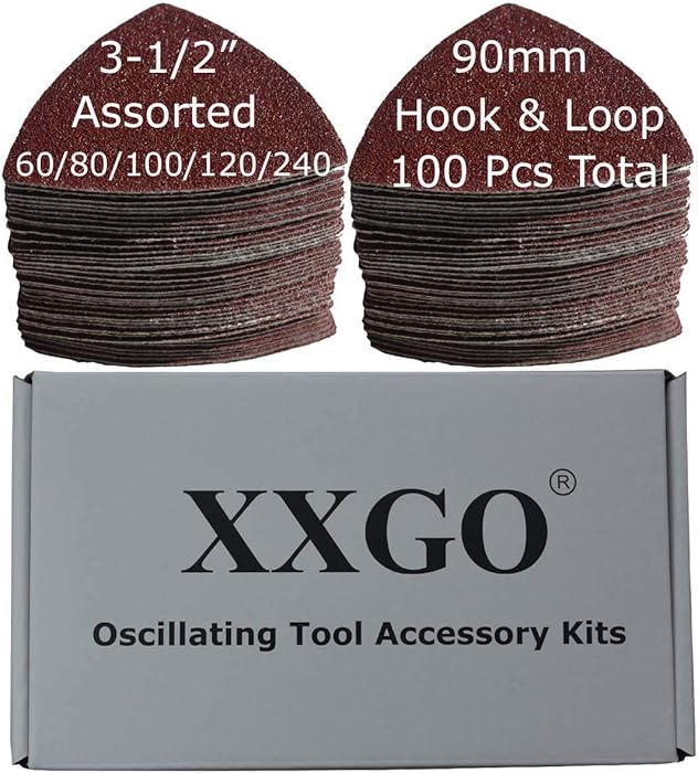 XXGO 100 Pcs 3-1/2 Inch 90mm Triangular 60/80 /100/120 /240 Grits Hook & Loop Multitool Sandpaper for Wood Sanding Contains 20 of Each Fit 3.5 Inch Oscillating Multi Tool Sanding Pad XG9020