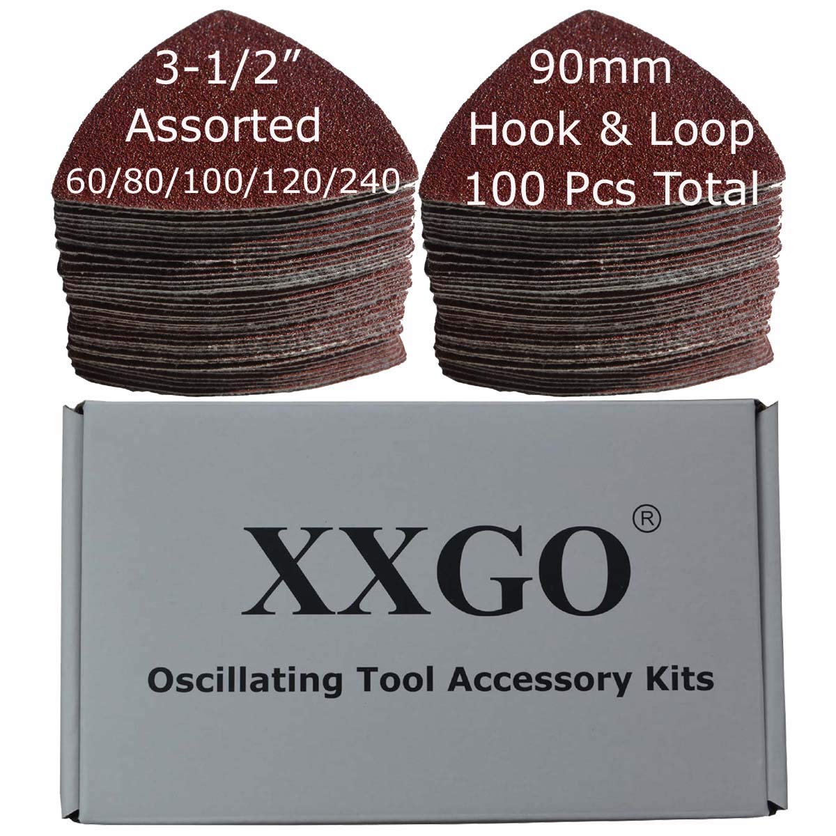 XXGO 100 Pcs 3-1/2 Inch 90mm Triangular 60/80 /100/120 /240 Grits Hook & Loop Multitool Sandpaper for Wood Sanding Contains 20 of Each Fit 3.5 Inch Oscillating Multi Tool Sanding Pad XG9020U