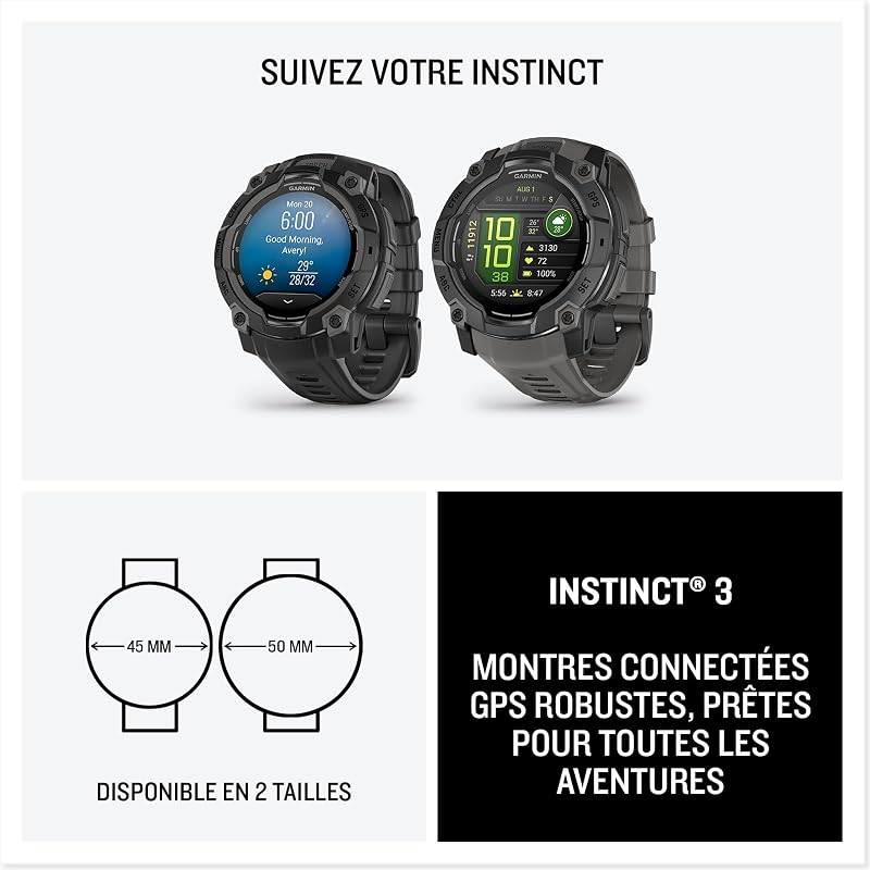 Instinct 3, Montre GPS connectée Robuste AMOLED, Noir, 45mm