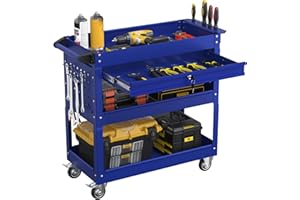 Granper 3 Tier Rolling Tool Cart with Drawers, Heavy Duty Utility Cart on Wheels, Large Storage Capability Service Cart for Garage, Warehouse and Repair Shop (Deep Blue)