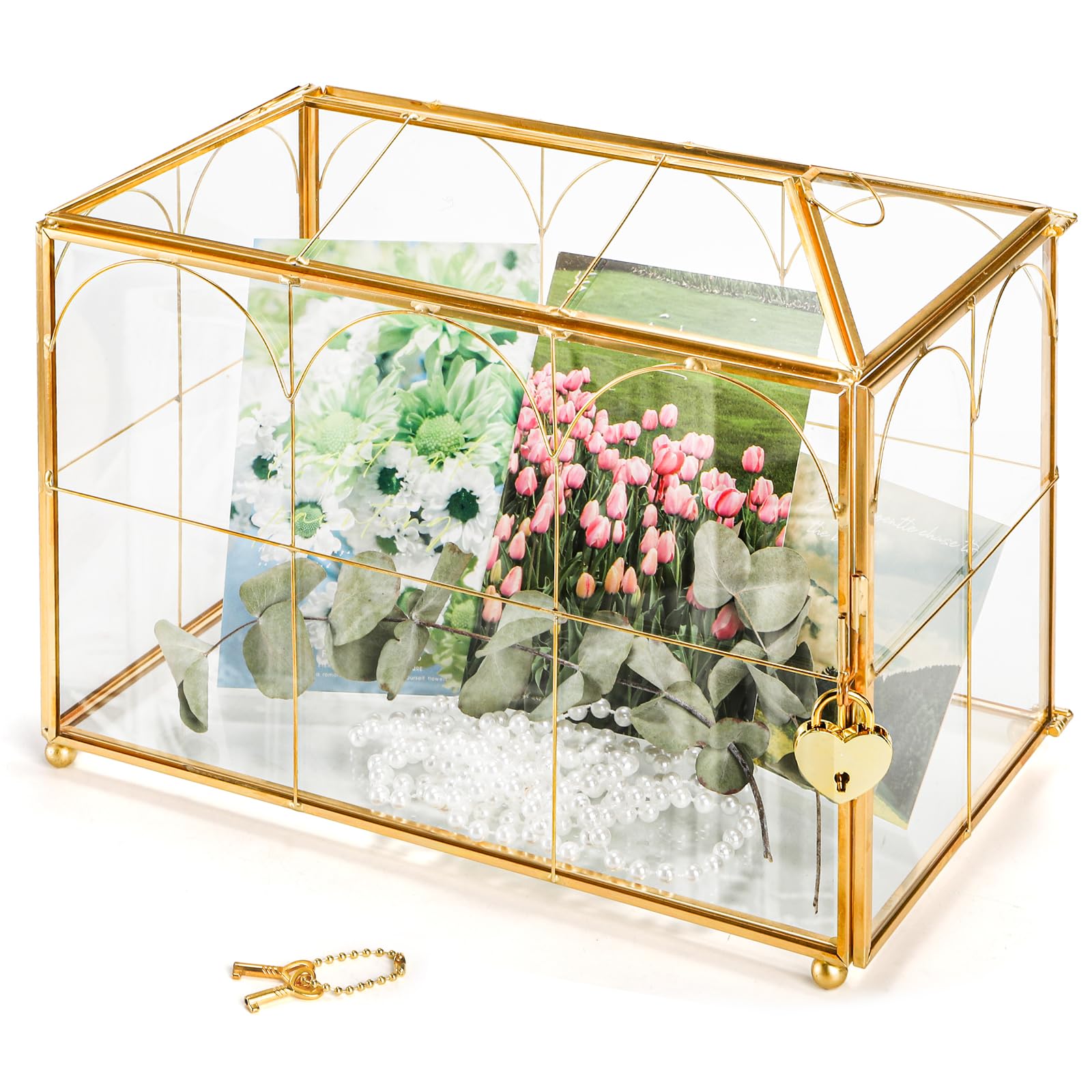 Photo 1 of Okllen Glass Card Box with Slot, Large Gold Clear Card Box for Wedding Receptions, Decorative Storage Box with Lock for Baby Shower, Birthday Party, Bridal Shower