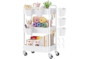 AOFURE 3 Tier Rolling Cart Metal with Wheels, White Three Tiered Craft Cart Organizer on Wheels, Storage Utility Carts for Art, Baby Nursery,Diaper Caddy, Cleaning Supplies, Nail,Lash,Snack,Book,Roller Shelf