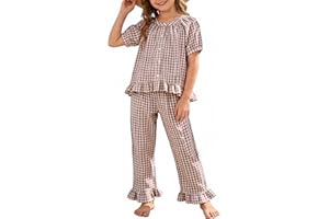 Rousytn Girls 2 Piece Outfits Plaid 100% Cotton Short Sleeve Ruffle Babydoll Shirt Gingham Pants Clothing Set