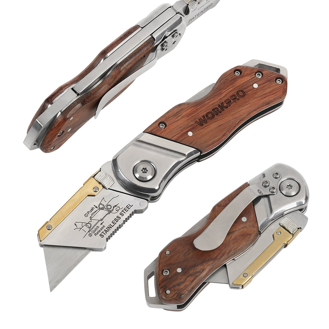 WORKPRO Folding Utility Knife Wood Handle Heavy Duty Cutter with Extra