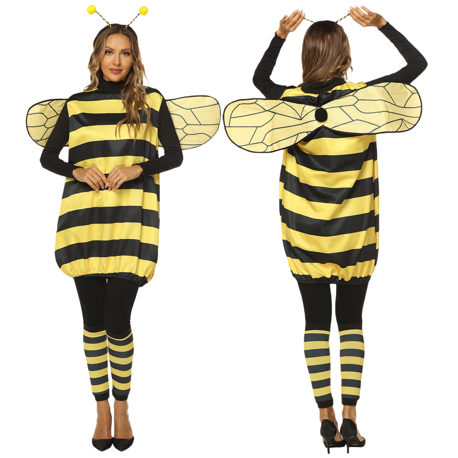 XIXIMAON Halloween Yellow Honey Bee Cosplay Outfits For Women 4pcs Party Dress Up Accessories Headdress+Striped Top+Wings+Socks (Yellow-Adult, Small)