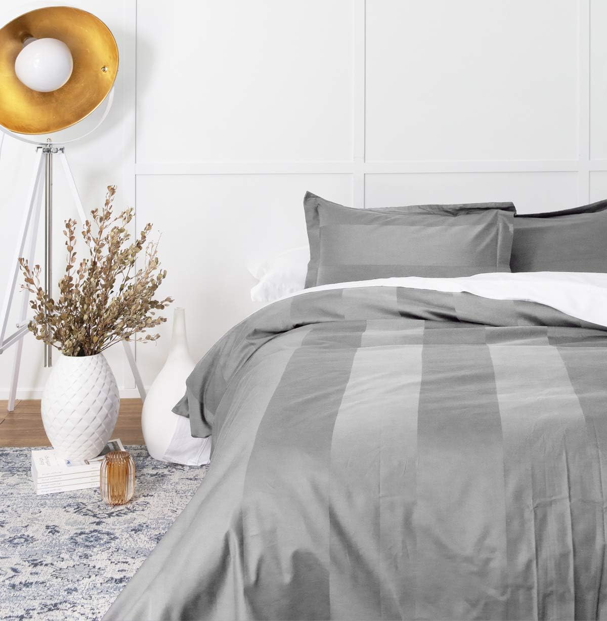 Damask Striped Grey Duvet Cover Queen, 100 Long Staple